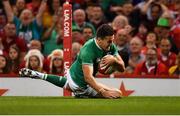 31 August 2019; Jacob Stockdale of Ireland scores his side's first try during the Under Armour Summer Series 2019 match between Wales and Ireland at the Principality Stadium in Cardiff, Wales. Photo by Brendan Moran/Sportsfile