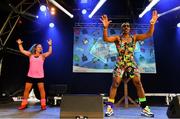 31 August 2019; Mr Motivator performs with his wife, Sandra Evans, at the Electric Ireland Throwback Stage during day two of Electric Picnic 2019 at Stradbally in Laois. Lycra Legend Mr Motivator takes to Electric Ireland’s Throwback Stage. Fitness Fanatic Mr Motivator got the crowd going at Electric Ireland’s Throwback Stage and energised fans with some motivating moves. Electric Ireland’s Throwback Stage is in full swing with headliners Bonnie Tyler, N-Trance and Lords of Strut – all still to take to the stage. One of the most popular stages at the festival, Electric Ireland’s Throwback Stage has previously played host to pop legends B*witched, Johnny Logan, Heather Small, 5ive, S Club Party, Ace of Base, 2 Unlimited, The Vengaboys and Bananarama – to name a few. Share in the nostalgia of the Electric Ireland Throwback Stage, visit: www.twitter.com/ElectricIreland, www.facebook.com/ElectricIreland, www.instagram.com/ElectricIreland.  #ThrowbackThrowdown. Photo by Sam Barnes/Sportsfile
