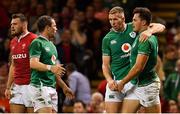 31 August 2019; Jacob Stockdale of Ireland, right, celebrates after scoring his side's second try with team-mates Jack Carty and Chris Farrell during the Under Armour Summer Series 2019 match between Wales and Ireland at the Principality Stadium in Cardiff, Wales. Photo by Brendan Moran/Sportsfile