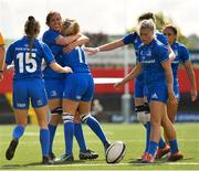 31 August 2019; Leinster's Megan Williams, 11, celebrates with team-mates after scoring her side's first try during the Women’s Interprovincial Championship match between Munster and Leinster at Irish Independent Park in Cork. Photo by Ramsey Cardy/Sportsfile