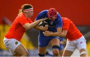 31 August 2019; Elaine Anthony of Leinster is tackled by Chloe Pearse, left, and Sarah Garrett of Munster during the Women’s Interprovincial Championship match between Munster and Leinster at Irish Independent Park in Cork. Photo by Ramsey Cardy/Sportsfile