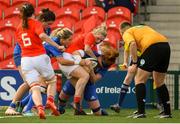 31 August 2019; Juliet Short of Leinster dives over to score her side's second try during the Women’s Interprovincial Championship match between Munster and Leinster at Irish Independent Park in Cork. Photo by Ramsey Cardy/Sportsfile