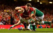 31 August 2019; Owen Lane of Wales scores his side's first try despite the tackle of Jordi Murphy of Ireland during the Under Armour Summer Series 2019 match between Wales and Ireland at the Principality Stadium in Cardiff, Wales. Photo by Brendan Moran/Sportsfile
