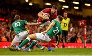 31 August 2019; Owen Lane of Wales beats the tackles of Jack Carty and Luke McGrath of Ireland on the way to scoring his side's first try despite the tackle of Jordi Murphy of Ireland during the Under Armour Summer Series 2019 match between Wales and Ireland at the Principality Stadium in Cardiff, Wales. Photo by Brendan Moran/Sportsfile