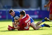 31 August 2019; Jack Kelly of Leinster goes over to score his side's first try despite the tackle of Osian Knott of Scarlets during the The Celtic Cup Round 2 match between Leinster A and Scarlets A at Energia Park in Donnybrook, Dublin. Photo by Harry Murphy/Sportsfile