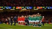 31 August 2019; The Ireland team stands for Ireland's Call prior to the Under Armour Summer Series 2019 match between Wales and Ireland at the Principality Stadium in Cardiff, Wales. Photo by Brendan Moran/Sportsfile