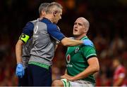 31 August 2019; Devin Toner of Ireland is attended to by team doctor Dr. Ciaran Cosgrave during the Under Armour Summer Series 2019 match between Wales and Ireland at the Principality Stadium in Cardiff, Wales. Photo by Brendan Moran/Sportsfile