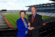 31 August 2019; Former Kerry footballer John O'Keeffe with his wife Liz and his lifetime achievement award for football during a GPA Football Legends Lunch at Croke Park in Dublin. Photo by Matt Browne/Sportsfile