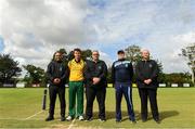 1 September 2019; Match officials from left Azam Ali, Phil Thompson and Steve Wood with Railway Union captain Glenn Querl and Ardmore captain Peter Harrigan before the Clear Currency National Cup Final match between Ardmore and Railway Union at North County Cricket Club in Balbriggan, Co. Dublin. Photo by Matt Browne/Sportsfile
