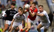 1 September 2019; Conor Corbett of Cork in action against Jonathan McGrath of Galway, right, as Donie Halleran, left, and Ruairí King look on during the Electric Ireland GAA Football All-Ireland Minor Championship Final match between Cork and Galway at Croke Park in Dublin. Photo by Piaras Ó Mídheach/Sportsfile