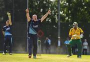 1 September 2019; Gary Neely of Ardmore celebrities taking the wicket of Hamza Maan of Railway Union during the Clear Currency National Cup Final match between Ardmore and Railway Union at North County Cricket Club in Balbriggan, Co. Dublin. Photo by Matt Browne/Sportsfile