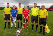 1 September 2019; Danielle Dargle of Wilton United and Niamh Carroll of TEK United with match officials ahead of during the FAI Women's Intermediate Cup Final match between Wilton United and TEK United at St Kevin's FC, Newhill Park in Two Mile Borris, Tipperary. Photo by Michael P Ryan/Sportsfile