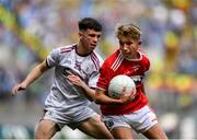 1 September 2019; Sean Andrews of Cork in action against Alan Naughton of Galway during the Electric Ireland GAA Football All-Ireland Minor Championship Final match between Cork and Galway at Croke Park in Dublin. Photo by Harry Murphy/Sportsfile