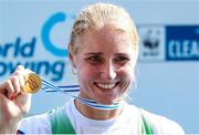 1 September 2019; Sanita Puspure of Ireland celebrates with her Gold medal, after competing in the Women’s Single Sculls A Final during the FISA World Rowing Championships 2019 in Linz, Austria. Photo by Andreas Pranter/Gepa Pictures/Sportsfile