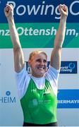1 September 2019; Sanita Puspure of Ireland celebrates her victory after competing in the Women’s Single Sculls A Final during the FISA World Rowing Championships 2019 in Linz, Austria. Photo by Andreas Pranter/Gepa Pictures/Sportsfile