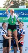 1 September 2019; Rowers, from left, Emma Twigg of New Zealand, Sanita Puspure of Ireland and Kara Kohler of USA after competing in the Women’s Single Sculls A Final during the FISA World Rowing Championships 2019 in Linz, Austria. Photo by Andreas Pranter/Gepa Pictures/Sportsfile