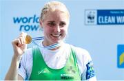 1 September 2019; Sanita Puspure of Ireland celebrates with her Gold medal after competing in the Women’s Single Sculls A Final during the FISA World Rowing Championships 2019 in Linz, Austria. Photo by Andreas Pranter/Gepa Pictures/Sportsfile
