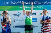 1 September 2019; Rowers, from left, Emma Twigg of New Zealand, Sanita Puspure of Ireland and Kara Kohler of USA after competing in the Women’s Single Sculls A Final during the FISA World Rowing Championships 2019 in Linz, Austria. Photo by Andreas Pranter/Gepa Pictures/Sportsfile