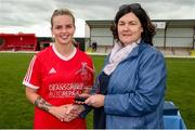 1 September 2019; Chairperson of the FAI women's committee Frances Smith presents the player of the match to Ciara Smith of TEK United during the FAI Women’s Intermediate Cup Final match between Wilton United and TEK United at St Kevin’s FC, Newhill Park in Two Mile Borris, Tipperary. Photo by Michael P Ryan/Sportsfile