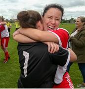 1 September 2019; Emma O'Brien of TEK United with Nadine Kenny following the FAI Women’s Intermediate Cup Final match between Wilton United and TEK United at St Kevin’s FC, Newhill Park in Two Mile Borris, Tipperary. Photo by Michael P Ryan/Sportsfile