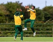 1 September 2019; Digamber Mishra of Railway Union takes celebrates his catch from Jared Wilson of Ardmore with team-mate Saad Ullah Khan during the Clear Currency National Cup Final match between Ardmore and Railway Union at North County Cricket Club in Balbriggan, Co. Dublin. Photo by Matt Browne/Sportsfile