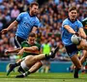 1 September 2019; Stephen O'Brien of Kerry has a shot on goal blocked by Michael Fitzsimons of Dublin who is supported by Jack McCaffrey, 5, during the GAA Football All-Ireland Senior Championship Final match between Dublin and Kerry at Croke Park in Dublin. Photo by Ray McManus/Sportsfile