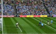 1 September 2019; Killian Spillane of Kerry shoots to score his side's first goal past Dublin goalkeeper Stephen Cluxton during the GAA Football All-Ireland Senior Championship Final match between Dublin and Kerry at Croke Park in Dublin. Photo by Stephen McCarthy/Sportsfile