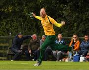 1 September 2019; Kenny Carroll of Railway Union celebrates after he took the winning catch during the Clear Currency National Cup Final match between Ardmore and Railway Union at North County Cricket Club in Balbriggan, Co. Dublin. Photo by Matt Browne/Sportsfile
