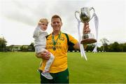 1 September 2019; Kevin O’Brien of Railway Union with his 3 year old daughter Eleanor after the Clear Currency National Cup Final match between Ardmore and Railway Union at North County Cricket Club in Balbriggan, Co. Dublin. Photo by Matt Browne/Sportsfile