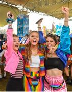 1 September 2019; Festival-goers, from left, Amber Martin, Sara Costigan and Amy Farrelly, from Kildare in attendance at the Electric Ireland Throwback Stage during day three of Electric Picnic 2019 at Stradbally in Laois. Smash Hits deliver a smashing performance at Electric Ireland’s Throwback Stage. It’s 90s time at Electric Ireland’s Throwback Stage as Smash Hits bring a smooth mix of nostalgic numbers to Stradbally. Closing out a weekend of throwback fun at Electric Ireland’s Throwback Stage – Smash Hits pave the way for the final headline act, N-Trance. This year, Electric Ireland’s Throwback Stage hosts a line-up of legends including headliners Bonnie Tyler, N-Trance, Mr. Motivator and Lords of Strut. One of the most popular stages at the festival, Electric Ireland’s Throwback Stage has previously played host to pop legends B*witched, Johnny Logan, Heather Small, 5ive, S Club Party, Ace of Base, 2 Unlimited, The Vengaboys and Bananarama – to name a few. Share in the nostalgia of the Electric Ireland Throwback Stage, visit: www.twitter.com/ElectricIreland, www.facebook.com/ElectricIreland, www.instagram.com/ElectricIreland.  #ThrowbackThrowdown. Photo by Sam Barnes/Sportsfile