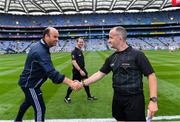 1 September 2019; Galway manager Dónal Ó Fátharta shakes hands with linesman Brendan Cawley before the Electric Ireland GAA Football All-Ireland Minor Championship Final match between Cork and Galway at Croke Park in Dublin. Photo by Piaras Ó Mídheach/Sportsfile