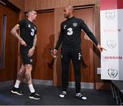 2 September 2019; James McClean, left, and Darren Randolph arrive for a Republic of Ireland press conference at the FAI National Training Centre in Abbotstown, Dublin. Photo by Stephen McCarthy/Sportsfile