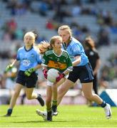 1 September 2019; Tara Kerin, Scoil An Ghleanna, Scartaglen, Kerry, representing Kerry, in action against Niamh Andrews, St. Patrick’s NS, Castleknock, Dublin, representing Dublin, during the INTO Cumann na mBunscol GAA Respect Exhibition Go Games at the GAA Football All-Ireland Senior Championship Final match between Dublin and Kerry at Croke Park in Dublin. Photo by Eóin Noonan/Sportsfile