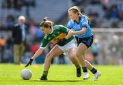 1 September 2019; Aoibhe Hehir, St. Joseph’s NS, Cree, Kilrush, Clare, representing Kerry, in action against Niamh Andrews, St. Patrick’s NS, Castleknock, Dublin, representing Dublin, during the INTO Cumann na mBunscol GAA Respect Exhibition Go Games at the GAA Football All-Ireland Senior Championship Final match between Dublin and Kerry at Croke Park in Dublin. Photo by Eóin Noonan/Sportsfile