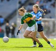 1 September 2019; Aoibhe Hehir, St. Joseph’s NS, Cree, Kilrush, Clare, representing Kerry, in action against Niamh Andrews, St. Patrick’s NS, Castleknock, Dublin, representing Dublin, during the INTO Cumann na mBunscol GAA Respect Exhibition Go Games at the GAA Football All-Ireland Senior Championship Final match between Dublin and Kerry at Croke Park in Dublin. Photo by Eóin Noonan/Sportsfile