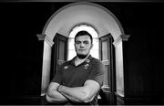 13 November 2018; (EDITOR'S NOTE: Image has been converted to black & white) Jacob Stockdale poses for a portrait following an Ireland rugby press conference at Carton House in Maynooth, Co. Kildare. Photo by Ramsey Cardy/Sportsfile