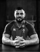 6 November 2018; (EDITOR'S NOTE: Image has been converted to black & white) Robbie Henshaw poses for a portrait following an Ireland rugby press conference at Carton House in Maynooth, Co. Kildare. Photo by Ramsey Cardy/Sportsfile