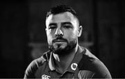 6 November 2018; (EDITOR'S NOTE: Image has been converted to black & white) Robbie Henshaw poses for a portrait following an Ireland rugby press conference at Carton House in Maynooth, Co. Kildare. Photo by Ramsey Cardy/Sportsfile
