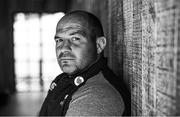 22 August 2019; (EDITOR'S NOTE: Image has been converted to black & white) Rory Best poses for a portrait following an Ireland Rugby press conference at The Campus in Quinta do Lago in Faro, Portugal. Photo by Ramsey Cardy/Sportsfile