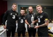2 September 2019; The 2019 Open Champion Shane Lowry on a visit the Republic of Ireland team hotel in Dublin with Republic of Ireland players, from left, Mark Travers, Jack Byrne and James McClean. Photo by Stephen McCarthy/Sportsfile