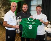 2 September 2019; The 2019 Open Champion Shane Lowry on a visit the Republic of Ireland team hotel in Dublin with Republic of Ireland manager Mick McCarthy and assistant coach Robbie Keane. Photo by Stephen McCarthy/Sportsfile