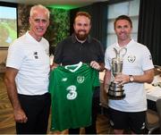 2 September 2019; The 2019 Open Champion Shane Lowry on a visit the Republic of Ireland team hotel in Dublin with Republic of Ireland manager Mick McCarthy and assistant coach Robbie Keane. Photo by Stephen McCarthy/Sportsfile