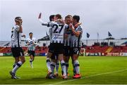 2 September 2019; Dane Massey of Dundalk, centre, celebrates with team-mates after scoring his side's first goal during the SSE Airtricity League Premier Division match between Sligo Rovers and Dundalk at The Showgrounds in Sligo. Photo by Eóin Noonan/Sportsfile