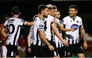 2 September 2019; Andy Boyle of Dundalk, centre, celebrates with team-mates after scoring his side's second goal during the SSE Airtricity League Premier Division match between Sligo Rovers and Dundalk at The Showgrounds in Sligo. Photo by Eóin Noonan/Sportsfile