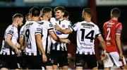 2 September 2019; Andy Boyle of Dundalk, centre, celebrates with team-mates after scoring his side's second goal during the SSE Airtricity League Premier Division match between Sligo Rovers and Dundalk at The Showgrounds in Sligo. Photo by Eóin Noonan/Sportsfile