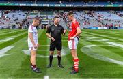 1 September 2019; Referee Noel Mooney with team captains Jonathan McGrath of Galway and Conor Corbett of Cork before the Electric Ireland GAA Football All-Ireland Minor Championship Final match between Cork and Galway at Croke Park in Dublin. Photo by Piaras Ó Mídheach/Sportsfile