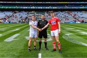 1 September 2019; Referee Noel Mooney with team captains Jonathan McGrath of Galway and Conor Corbett of Cork before the Electric Ireland GAA Football All-Ireland Minor Championship Final match between Cork and Galway at Croke Park in Dublin. Photo by Piaras Ó Mídheach/Sportsfile