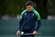 3 September 2019; Jacob Stockdale with a hurley and sliotar during Ireland Rugby squad training at Carton House in Maynooth, Co. Kildare. Photo by Brendan Moran/Sportsfile