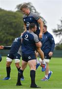 3 September 2019; Josh van der Flier is lifted by Cian Healy during Ireland Rugby squad training at Carton House in Maynooth, Co. Kildare. Photo by Brendan Moran/Sportsfile