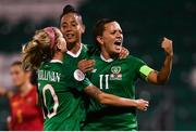 3 September 2019; Katie McCabe of Republic of Ireland celebrates after scoring her side's second goal, a penalty, with team-mates Rianna Jarrett, centre, and Denise O'Sullivan, left, during the UEFA Women's 2021 European Championships Qualifier - Group I match between Republic of Ireland and Montenegro at Tallaght Stadium in Dublin. Photo by Stephen McCarthy/Sportsfile